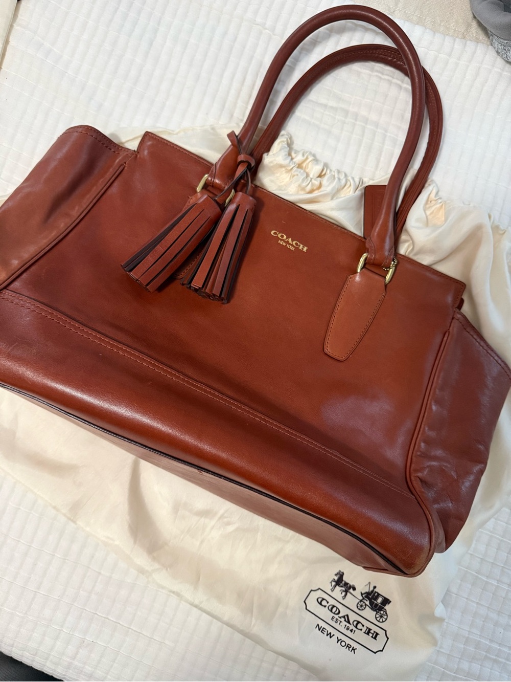 Coach Leather Tote in Chestnut Brown with Tassels